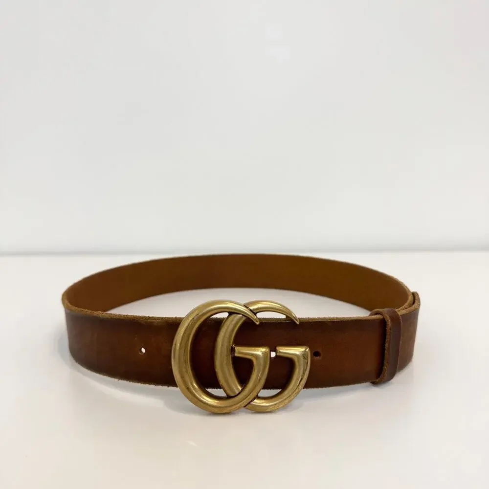 GUCCI Brown Leather Gold Belt GG Marmont Wide Calfskin Adjustable Size 85